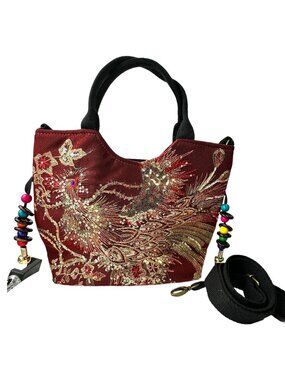 Embroidered Red Handbag With Gold Sequins Black Base & Beaded Handles 12" x 10"